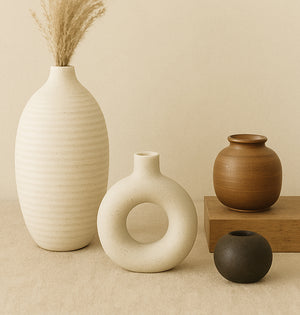 Set of ceramic vases on a beige background